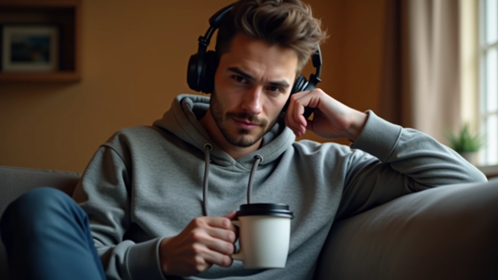 Jonge man luistert naar podcast met koptelefoon, zit op bank met koffie, ontspannen houding