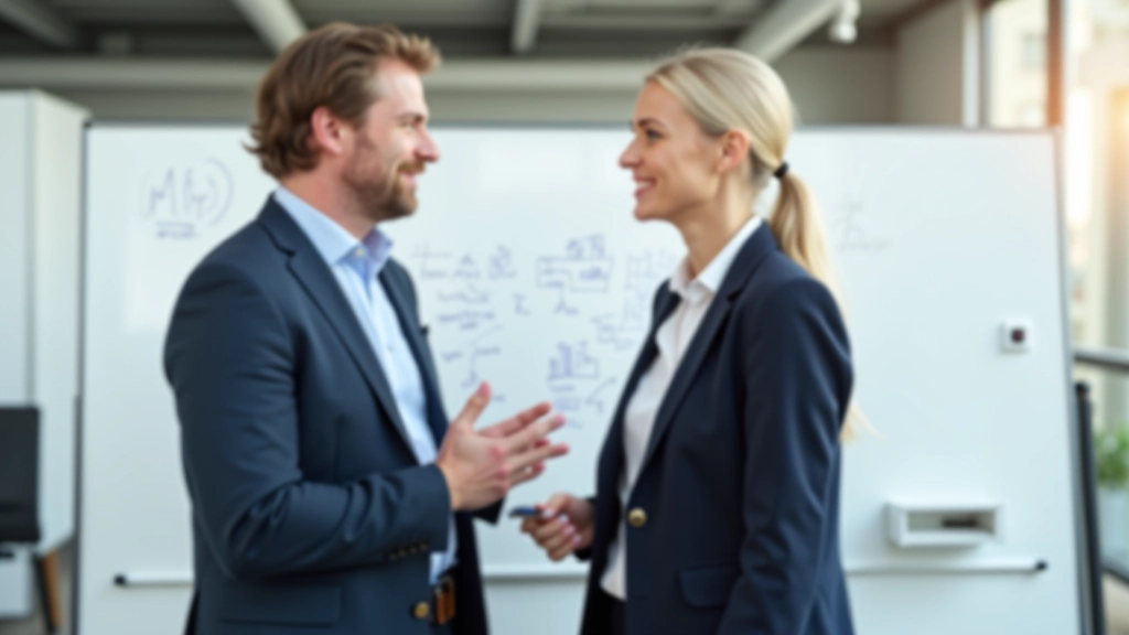 Zakenman en zakenvrouw in kantoor, presentatie met Duitse taalslides