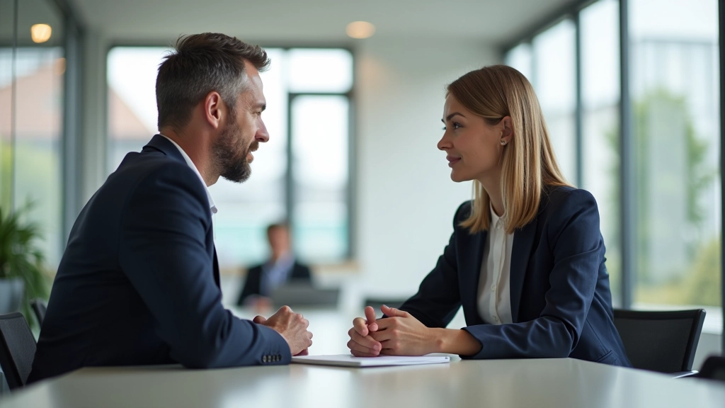 Zakelijke omgeving met twee professionals in gesprek, Nederlandse kantoor, diverse achtergrond