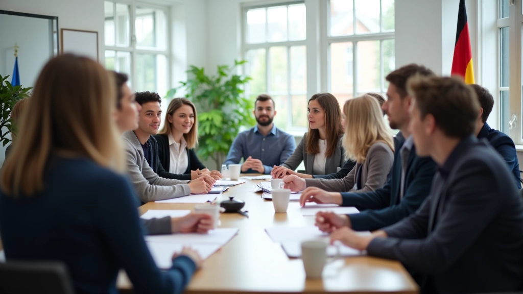 Moderne taalschoolomgeving met leerlingen die samen werken aan Duitse conversatie