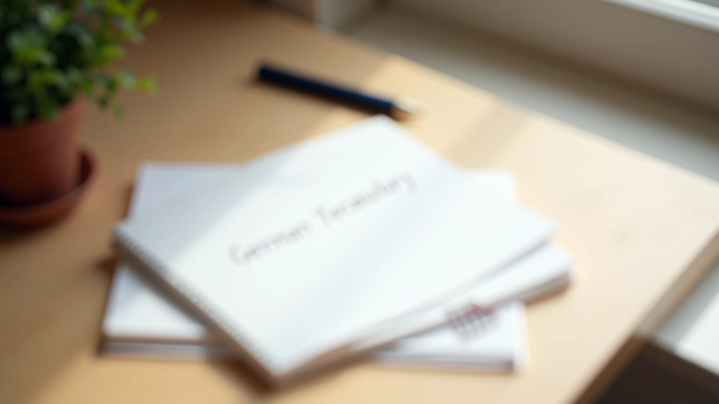 Notitieblok met Duitse woordenschat en pen op houten bureau, ochtendlicht, minimalistisch