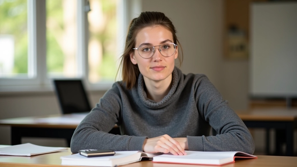 Leerling zit in klaslokaal met Duitse taalboeken, noteert aantekeningen, warm licht van ramen