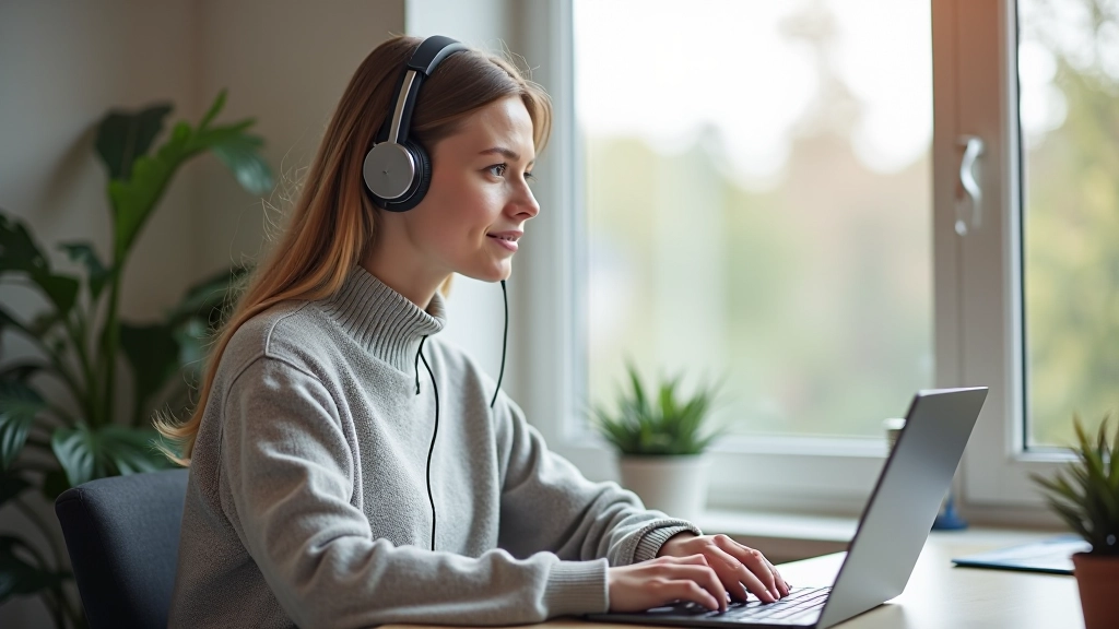 Vrouw zit achter laptop, videogesprek, koptelefoon, concentratie op gezicht