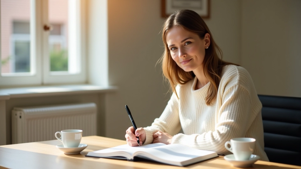 Vrouw zit aan houten bureau met Duits leerboek en kopje koffie, ochtendlicht