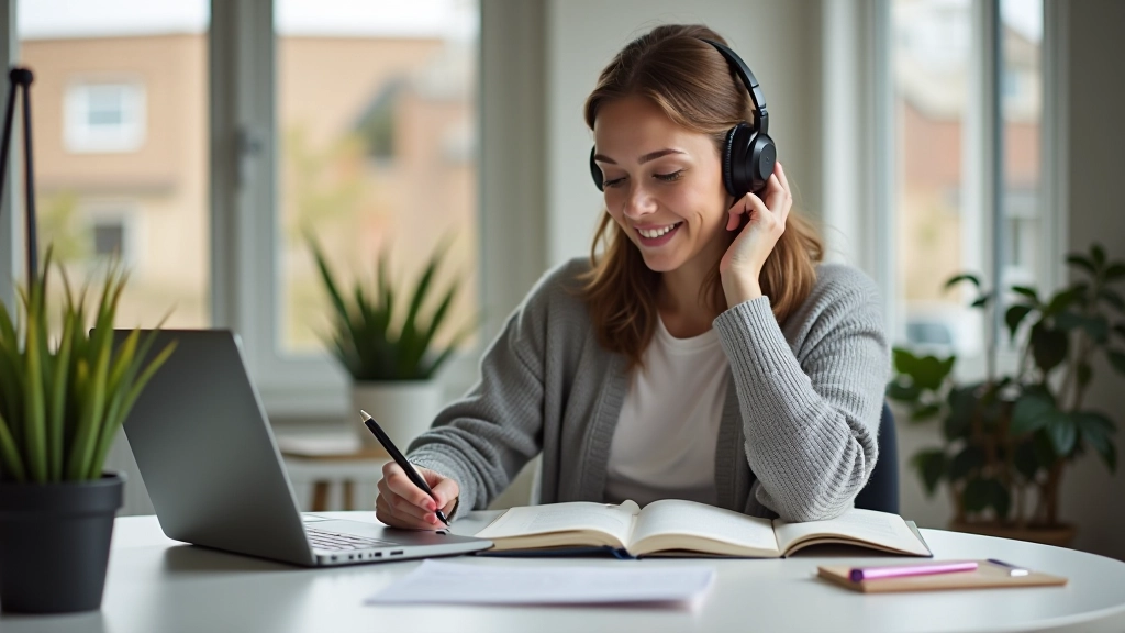 Persoon aan bureau met laptop, notitieboek en koptelefoon, online taalles voorbereiding