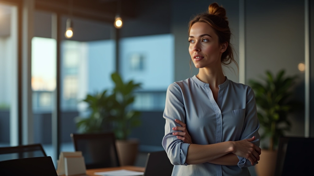 Vrouw geeft presentatie in kantoor, Duitse dia's op achtergrond